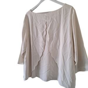 Talbots Blouse Top Ivory Cream Crewneck 3/4 Sleeve Scallop Hem Overlap Polyester